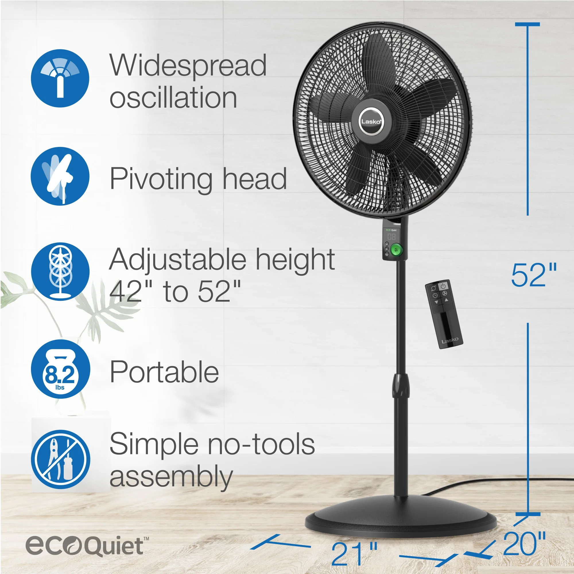 Lasko EcoQuiet 18" DC Pedestal Fan: Oscillating, 12-Speed, Remote, Black - Image 5