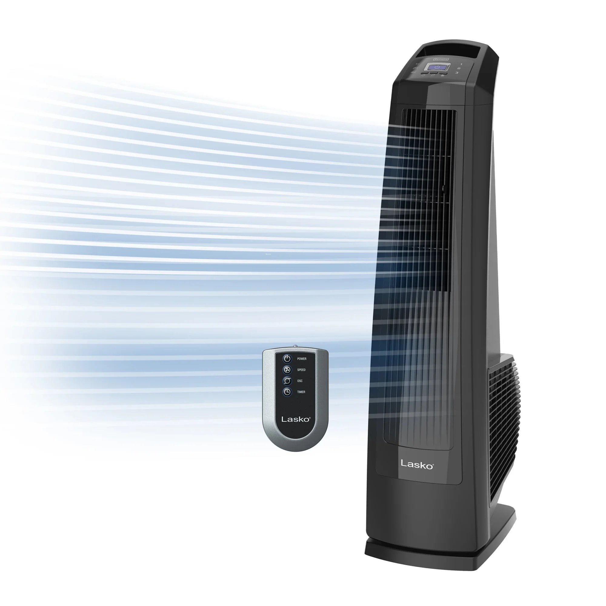 Lasko 35" Tower Fan: Oscillating, 3-Speed, High Velocity, Manual Louvers, Remote, Black