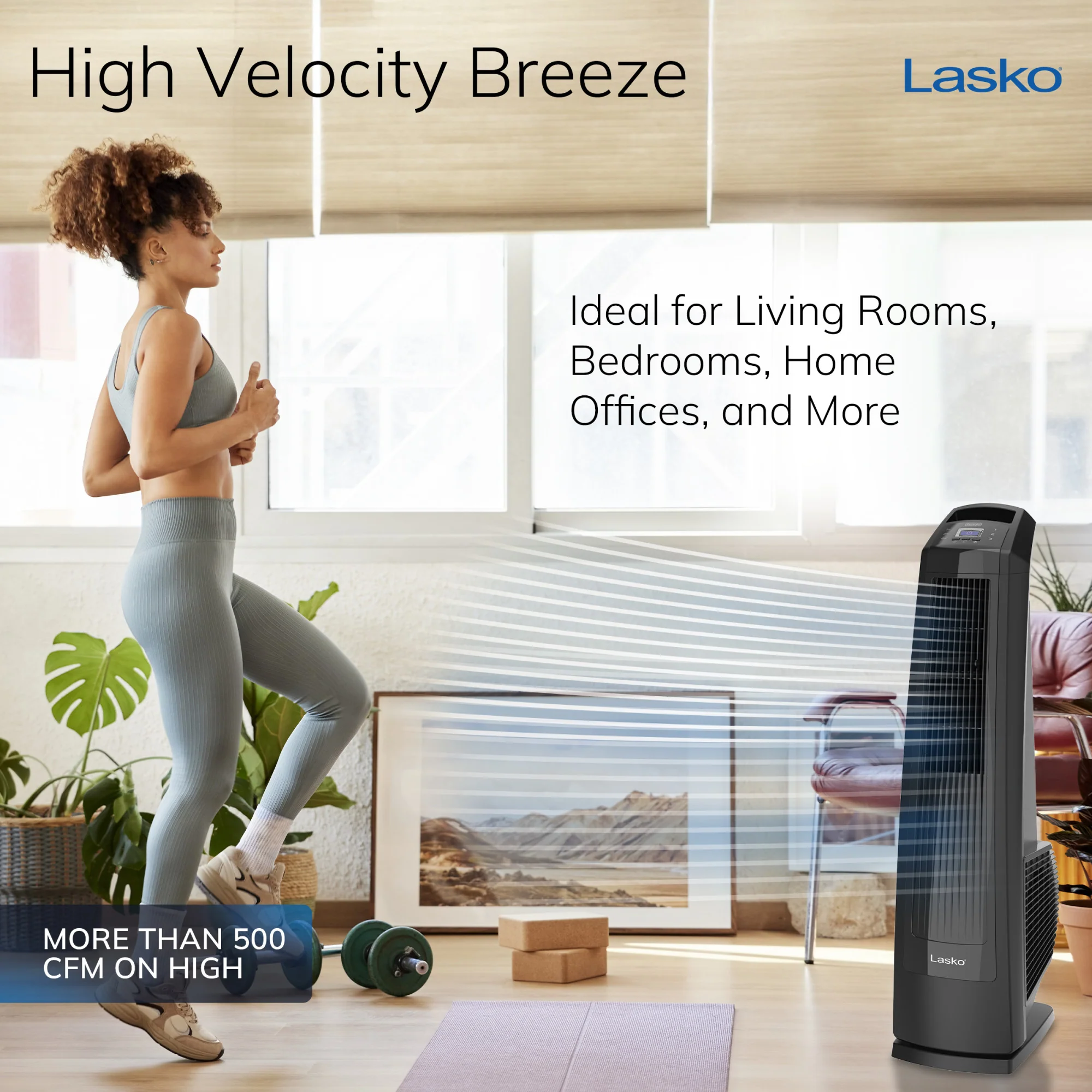 Lasko 35" Tower Fan: Oscillating, 3-Speed, High Velocity, Manual Louvers, Remote, Black - Image 3