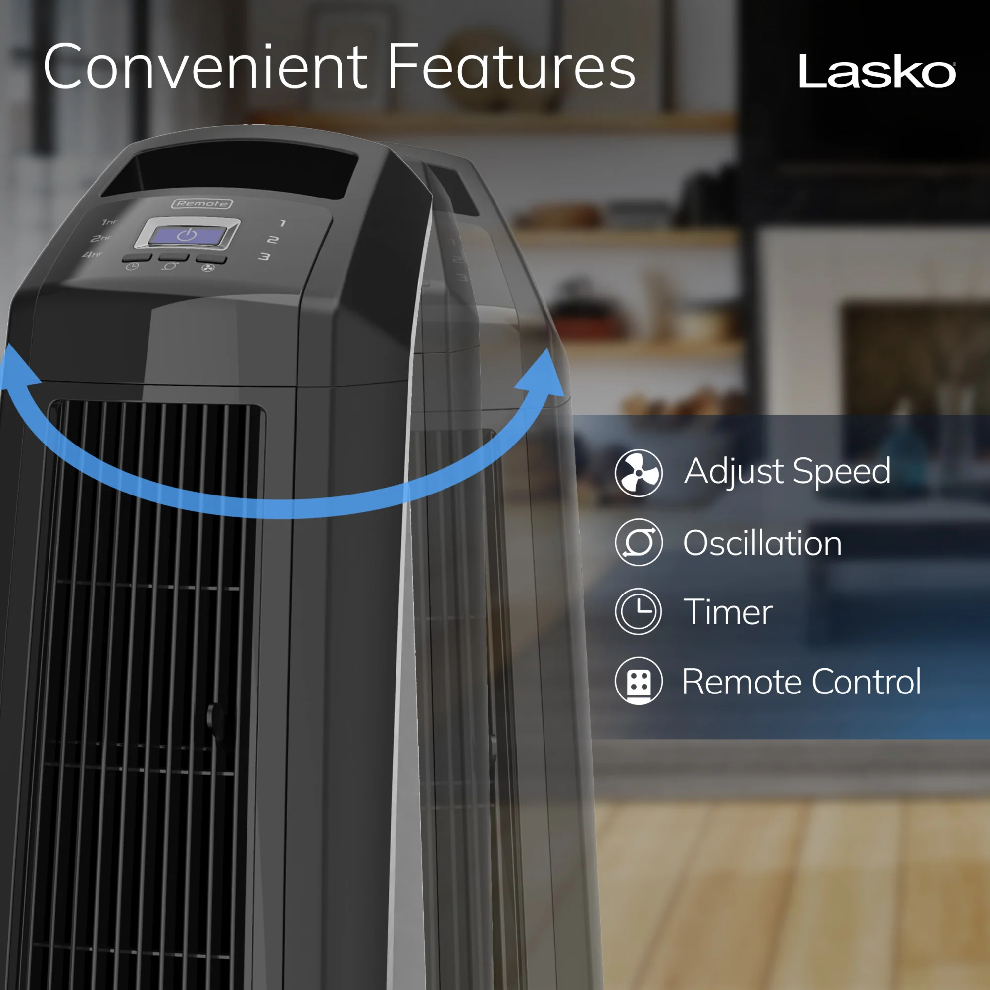 Lasko 35" Tower Fan: Oscillating, 3-Speed, High Velocity, Manual Louvers, Remote, Black - Image 4
