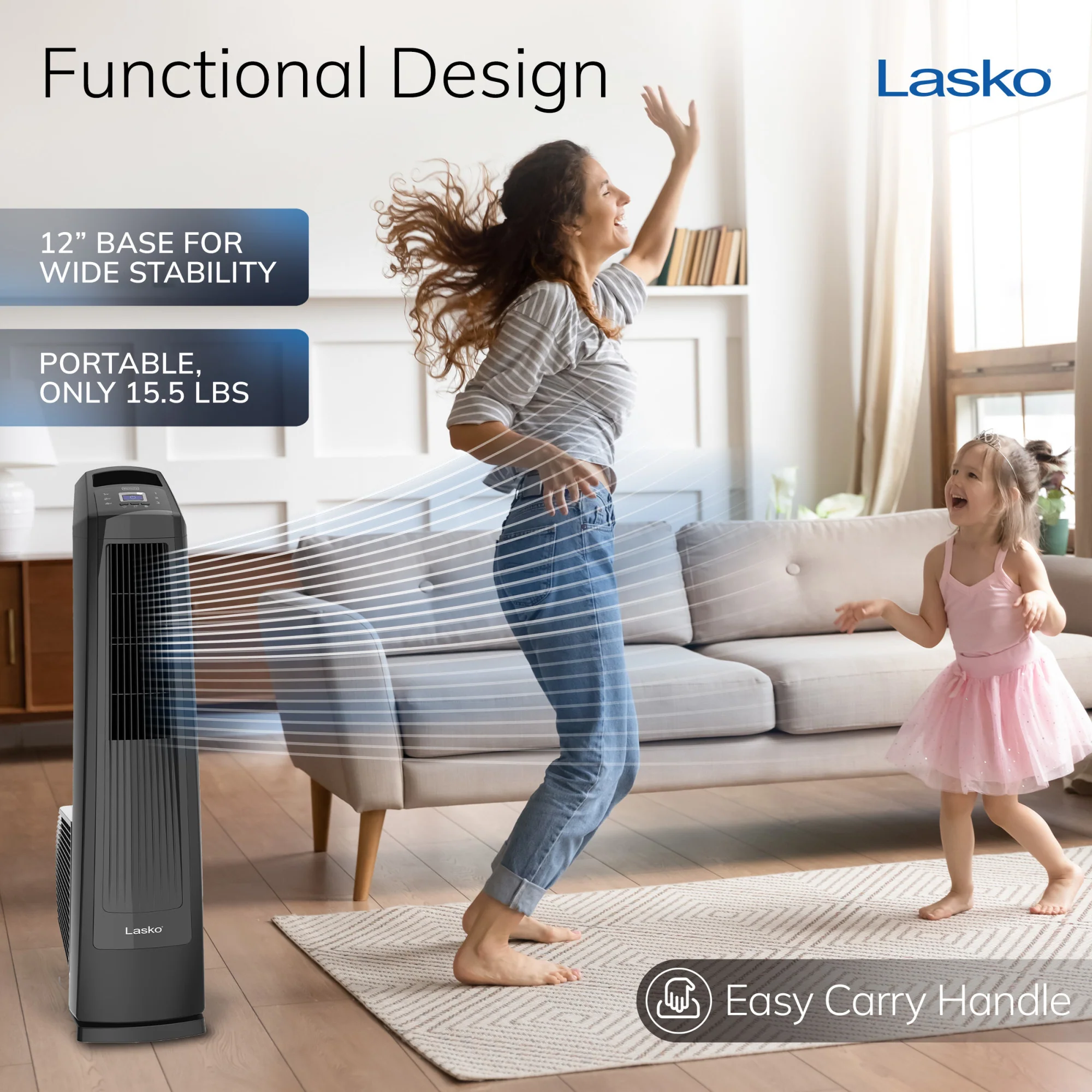 Lasko 35" Tower Fan: Oscillating, 3-Speed, High Velocity, Manual Louvers, Remote, Black - Image 5