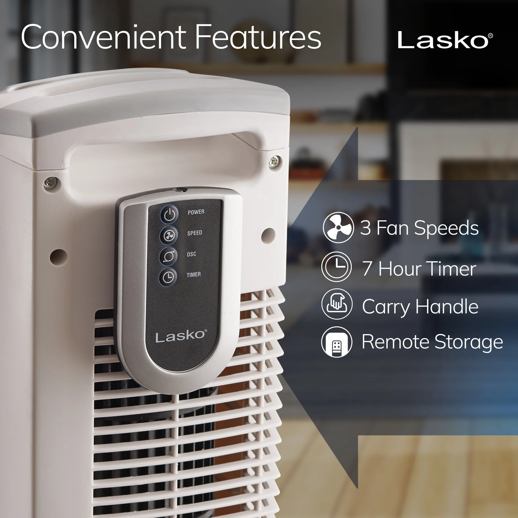 Lasko 36" Tower Fan: Oscillating, 3-Speed, Remote, Timer, White - Image 5