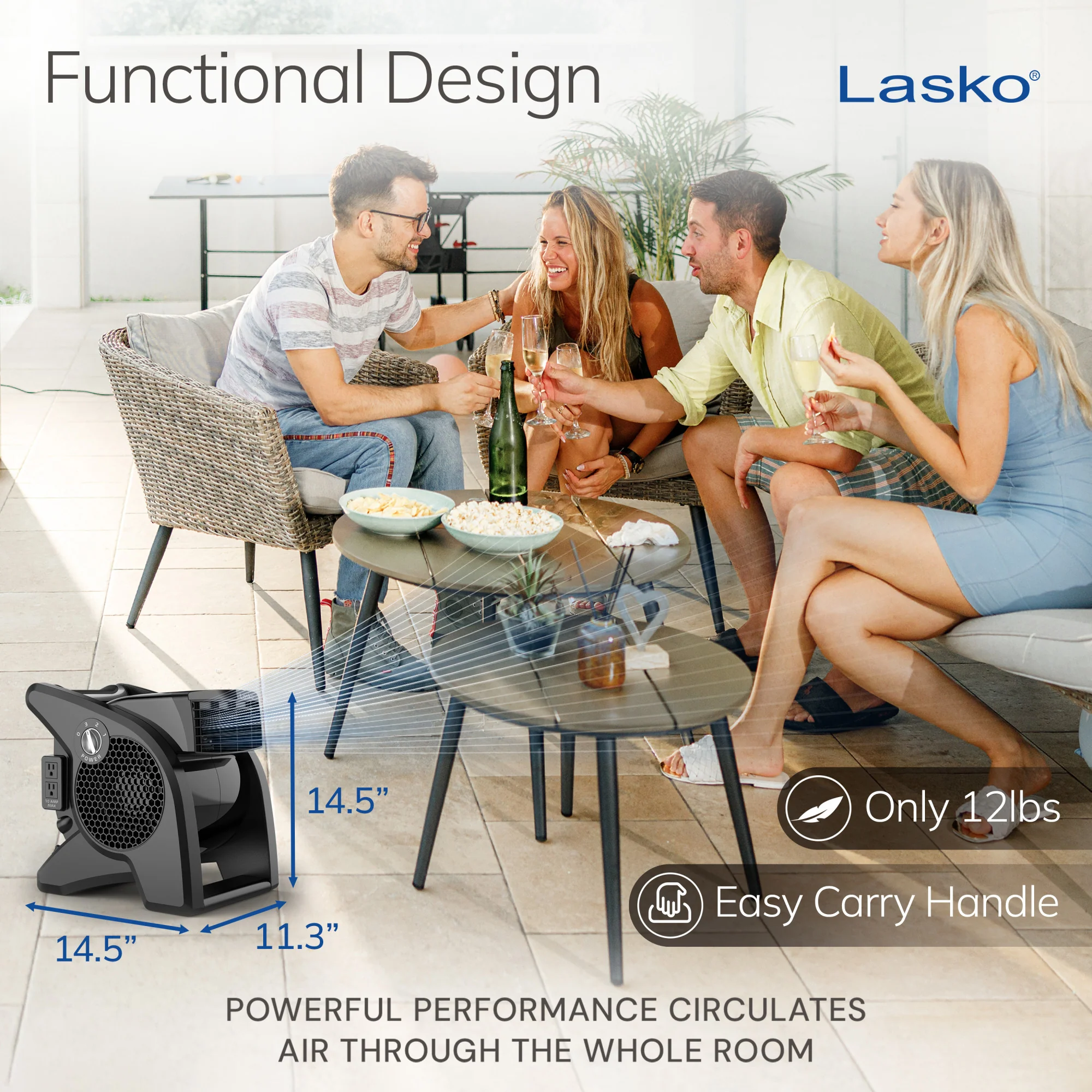 Lasko 15" Air Mover Blower Fan: 3-Speed, High Velocity, 2 Outlets, Pivoting, Black - Image 5