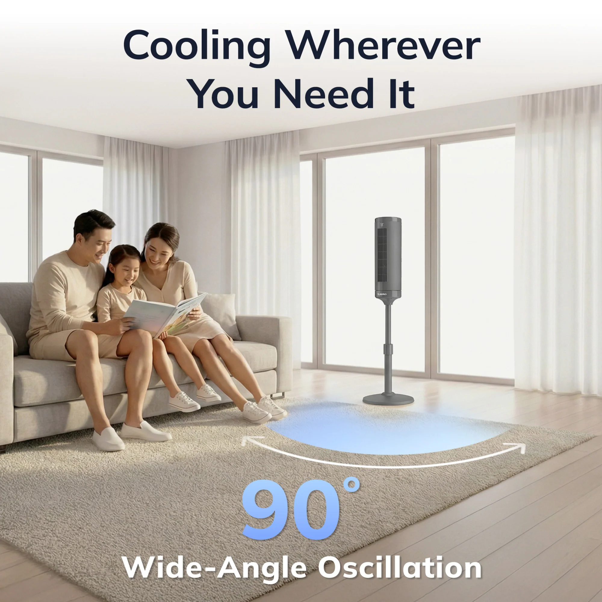 Lasko Rise 54" DC Pedestal Fan: Oscillating, 8-Speed, Remote, Timer, Gray - Image 5