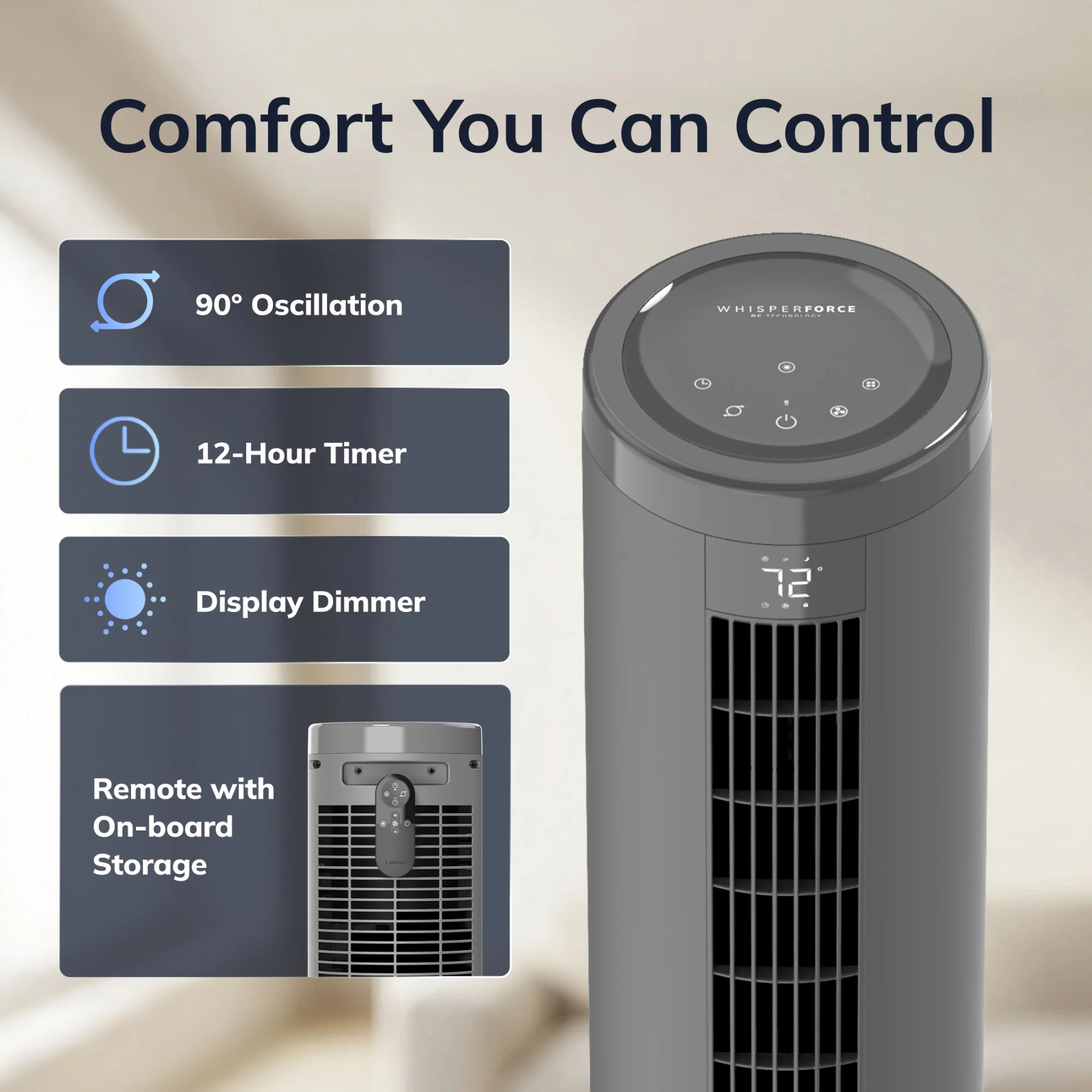 Lasko Rise 54" DC Pedestal Fan: Oscillating, 8-Speed, Remote, Timer, Gray - Image 6