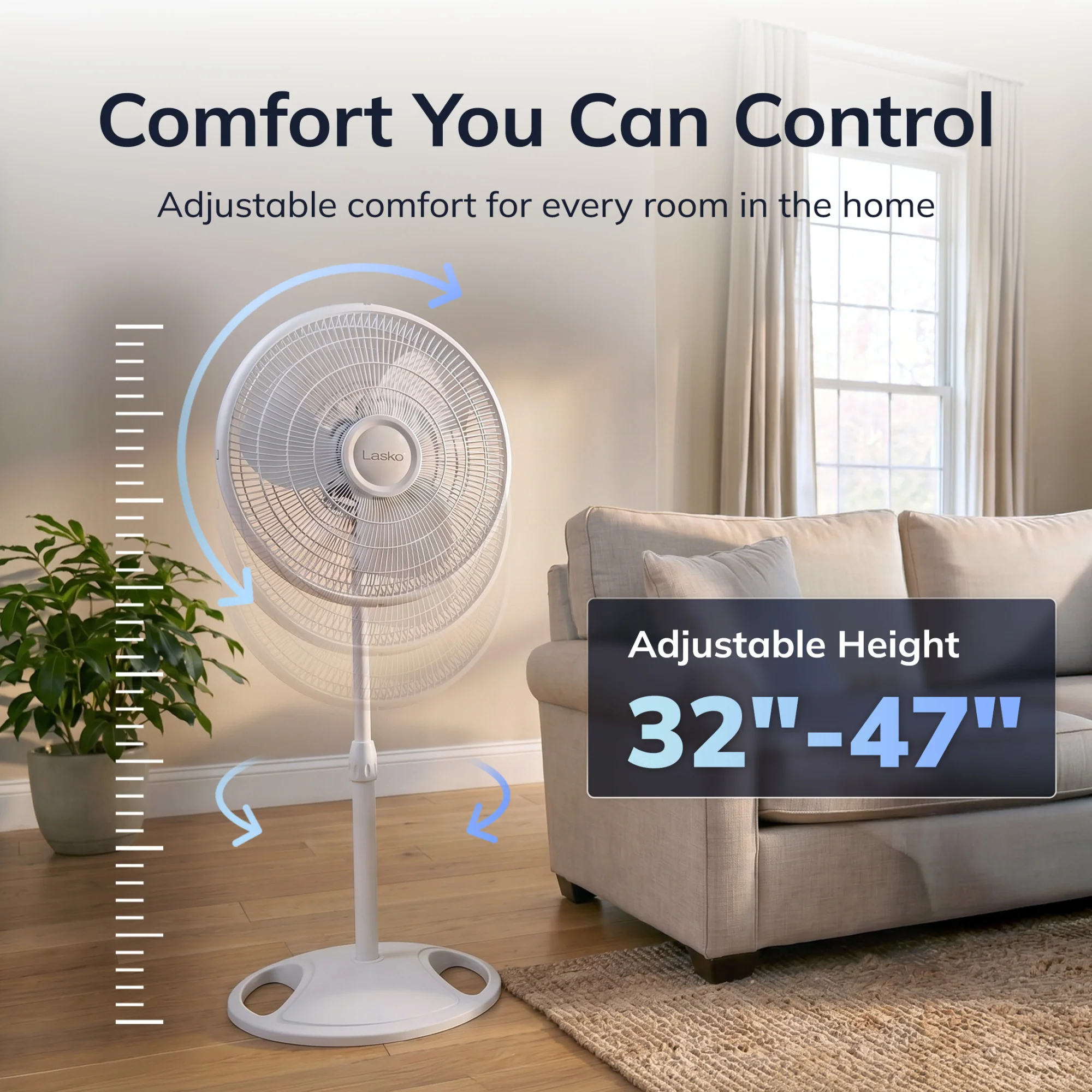Lasko 16" Pedestal Fan: Oscillating, 3-Speed, Adjustable Height, White - Image 2