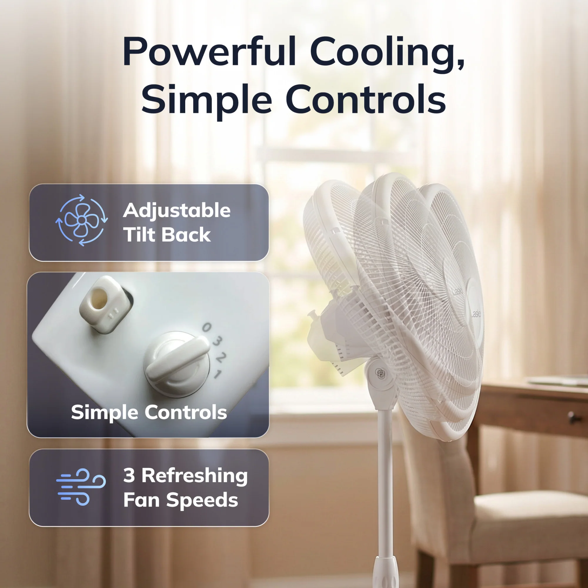 Lasko 16" Pedestal Fan: Oscillating, 3-Speed, Adjustable Height, White - Image 3