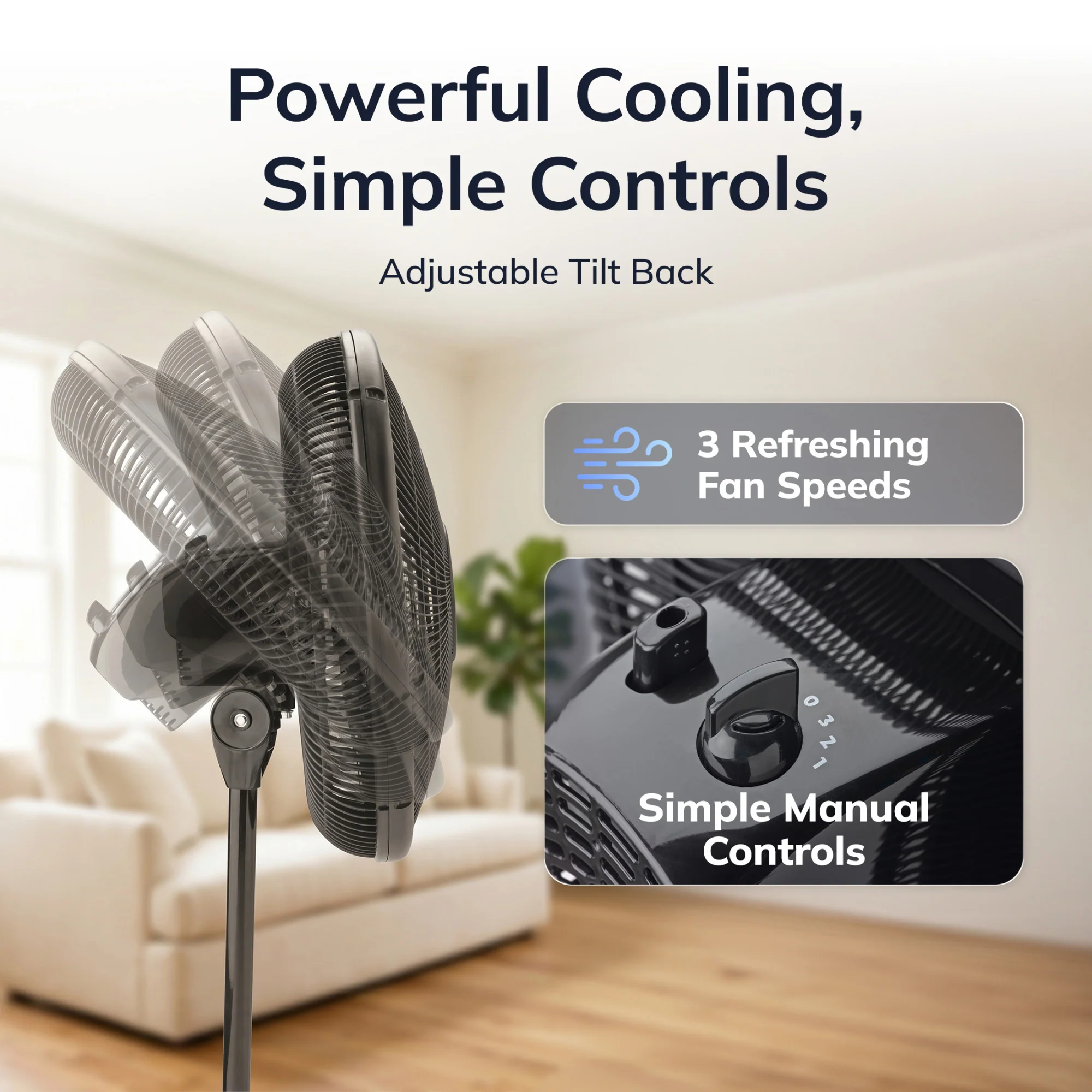 Lasko 16" Pedestal Fan: Oscillating, 3-Speed, Adjustable Height, Black - Image 3
