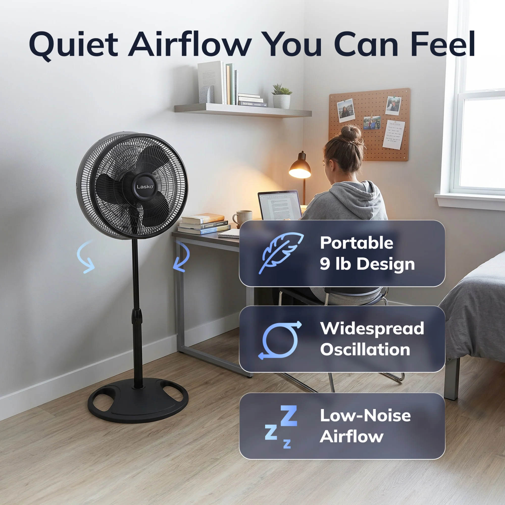 Lasko 16" Pedestal Fan: Oscillating, 3-Speed, Adjustable Height, Black - Image 5