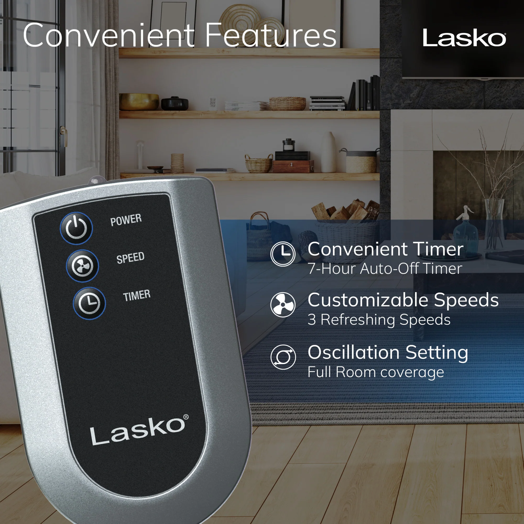 Lasko 20" Pedestal Fan: Oscillating, 4-Speed, Remote, Timer, Black - Image 3