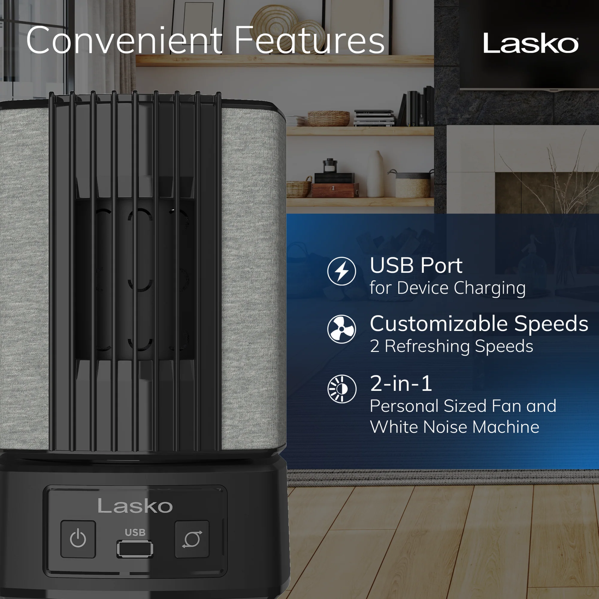 Lasko SlumberBreeze 8" Table Fan with White Noise: Oscillating, 2-Speed, Black - Image 3