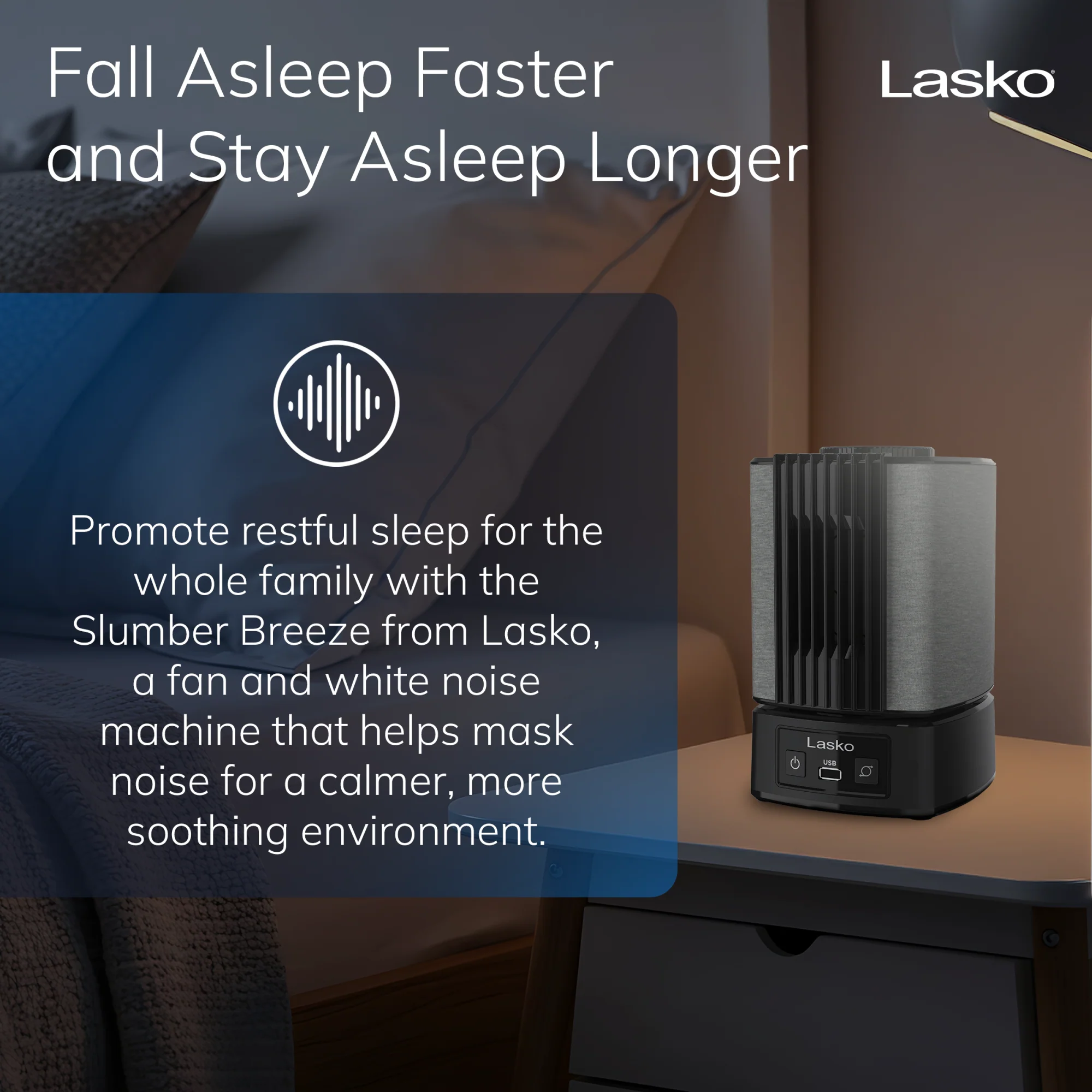 Lasko SlumberBreeze 8" Table Fan with White Noise: Oscillating, 2-Speed, Black - Image 4