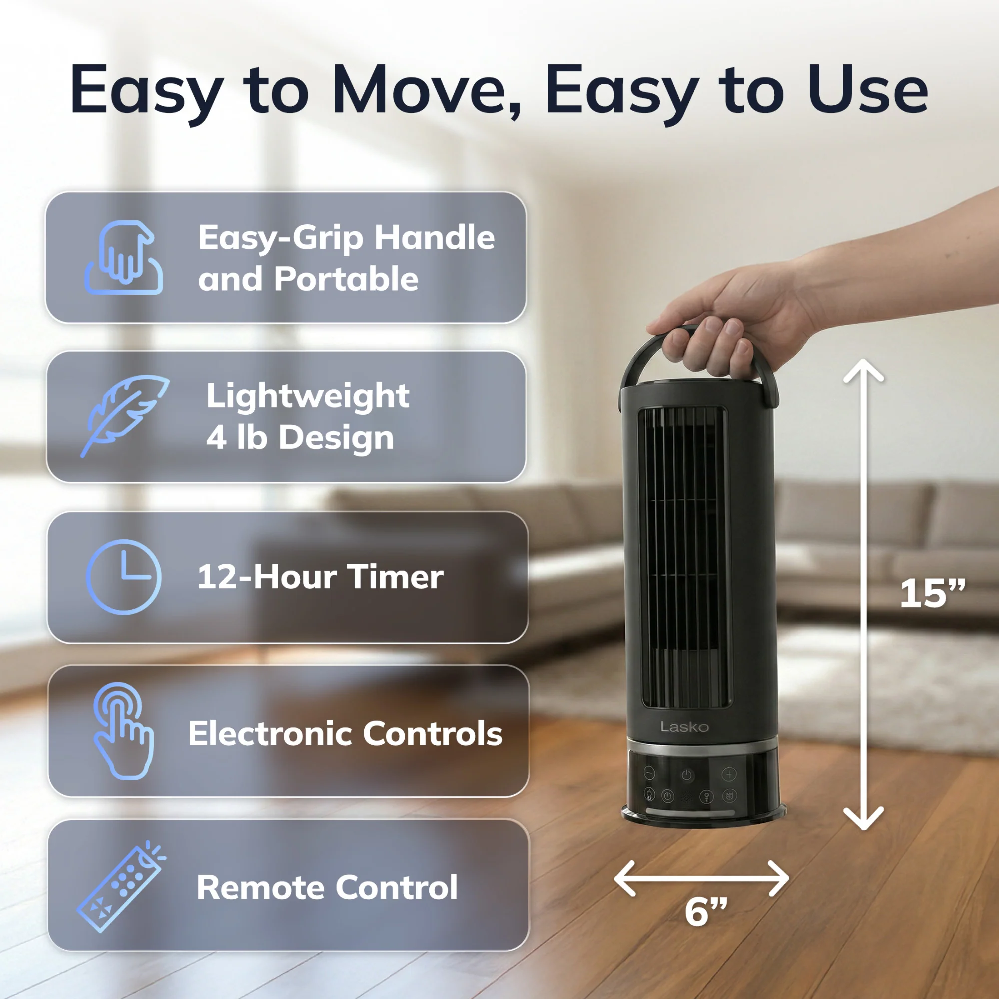 Lasko StealthBreeze 15" DC Table Fan: Oscillating, 12-Speed, 15° Tilt, Remote, Black - Image 6