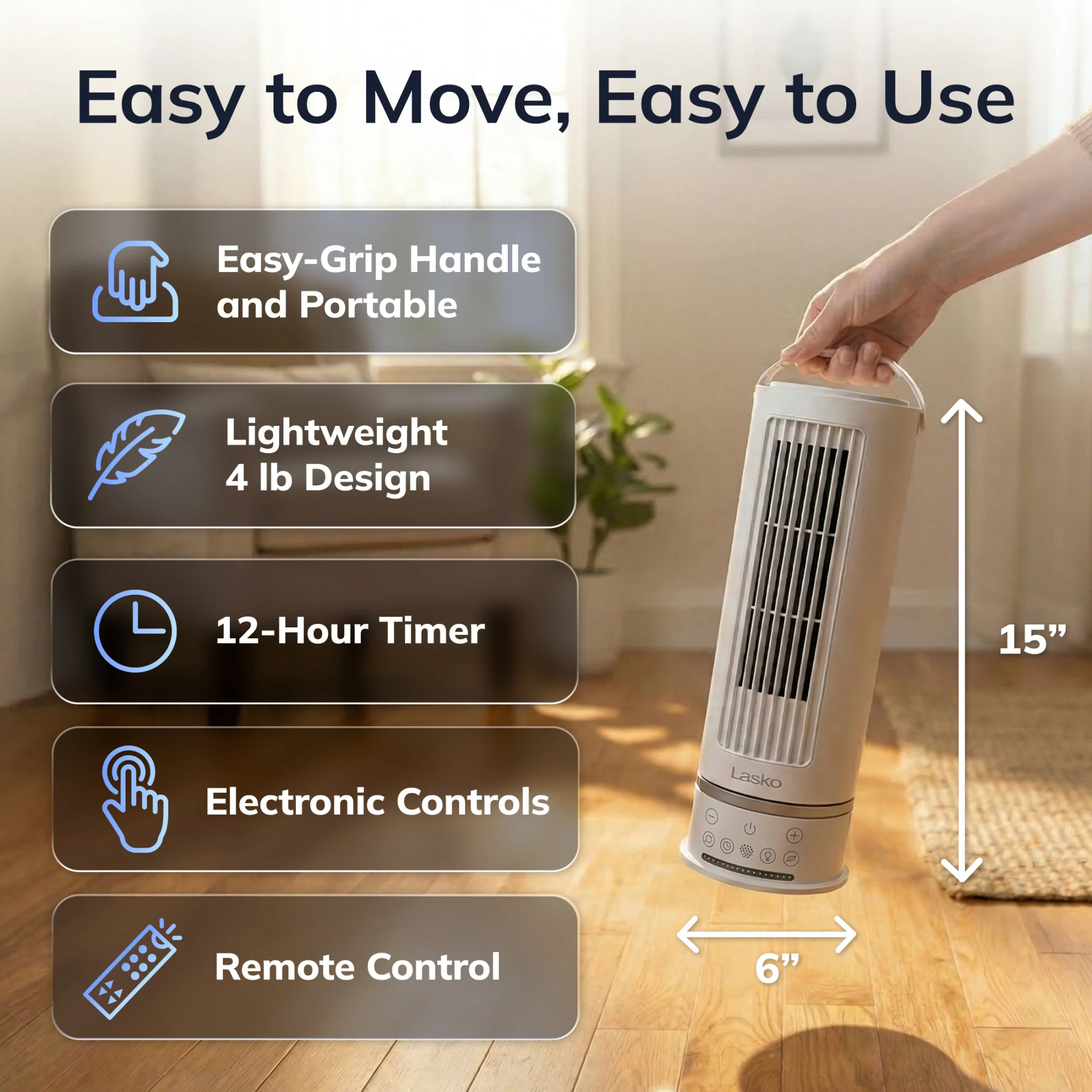 Lasko StealthBreeze 15" DC Table Fan: Oscillating, 12-Speed, 15° Tilt, Remote, White - Image 6