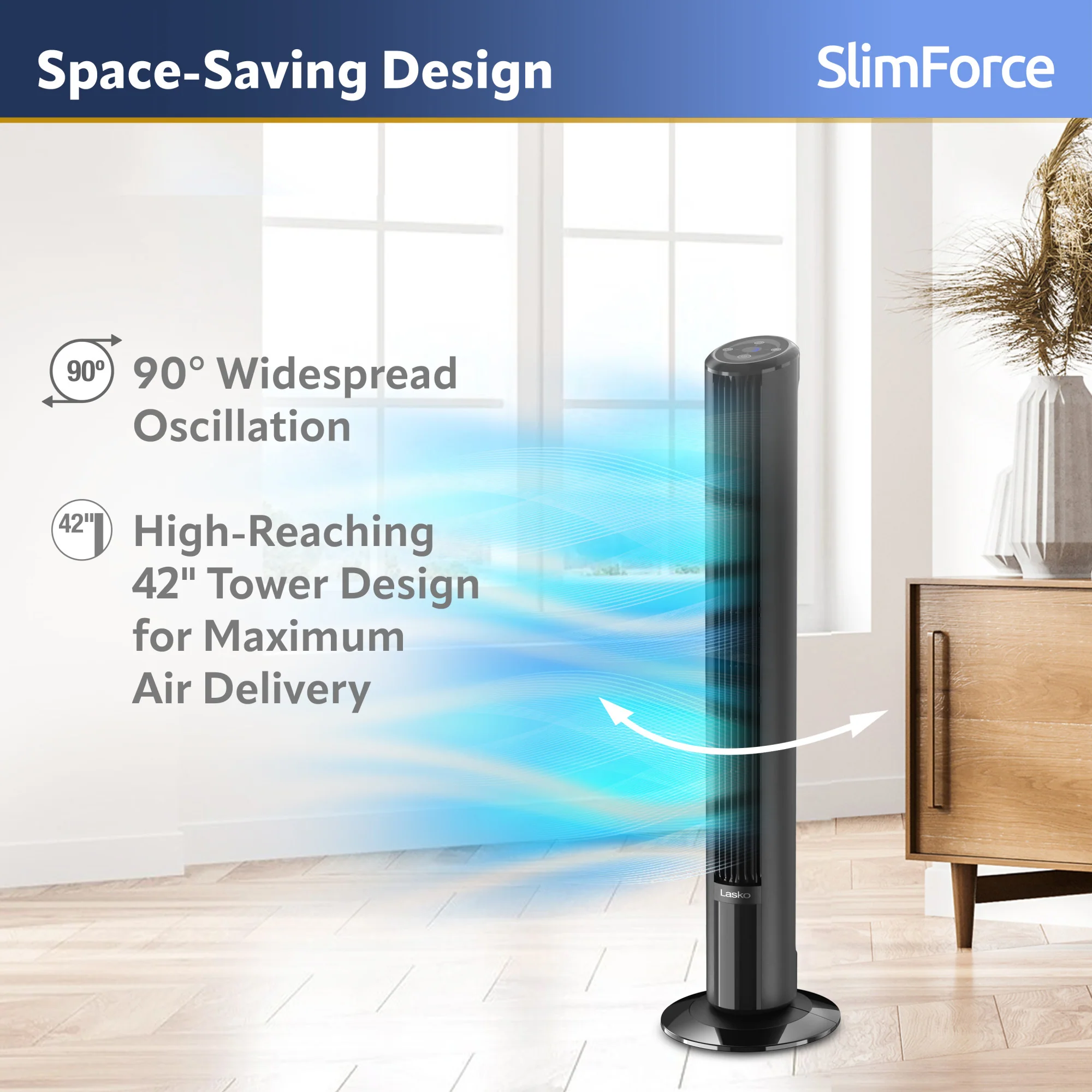 Lasko SlimForce 42" Tower Fan: Oscillating, 4-Speed, Remote, Timer, Black - Image 3
