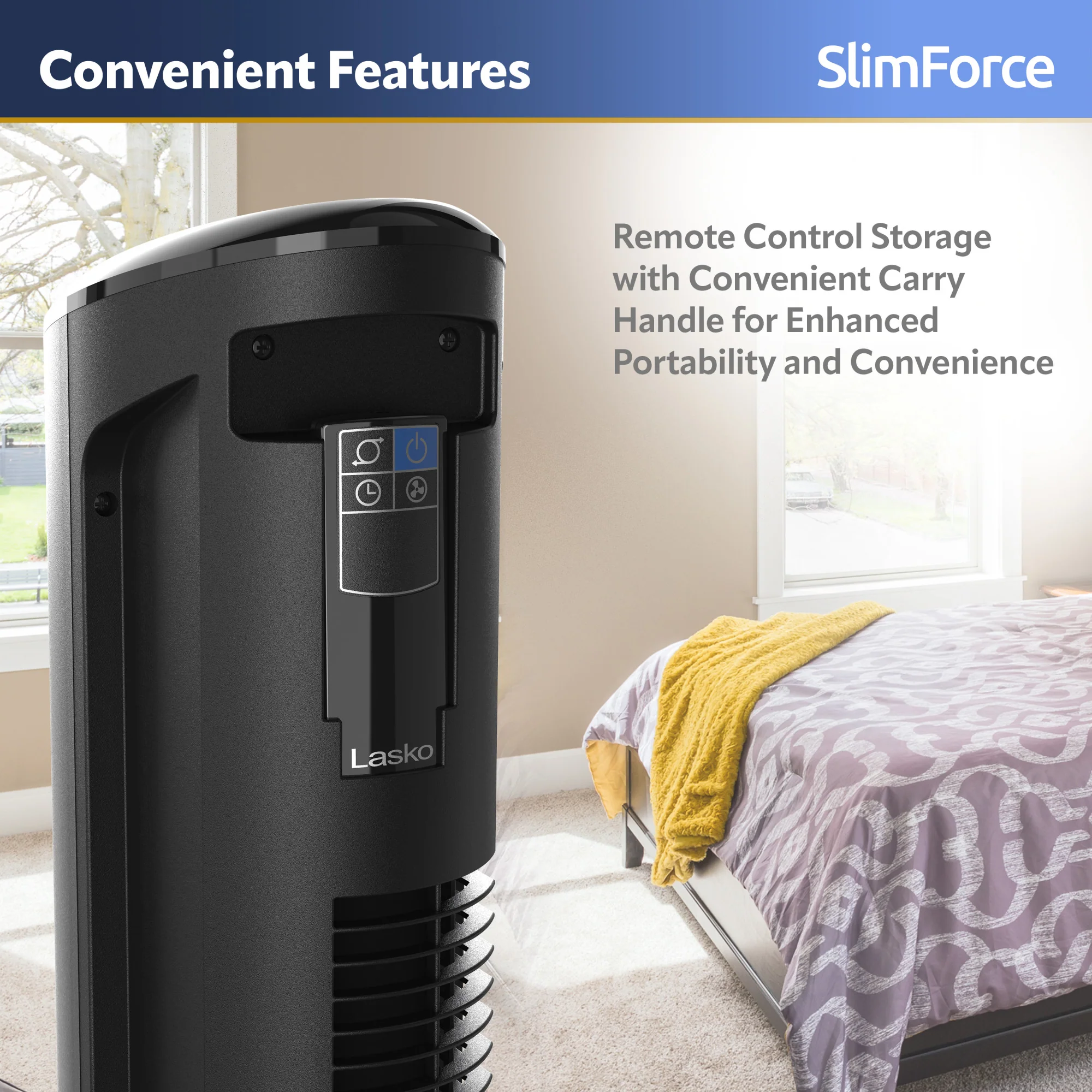 Lasko SlimForce 42" Tower Fan: Oscillating, 4-Speed, Remote, Timer, Black - Image 8