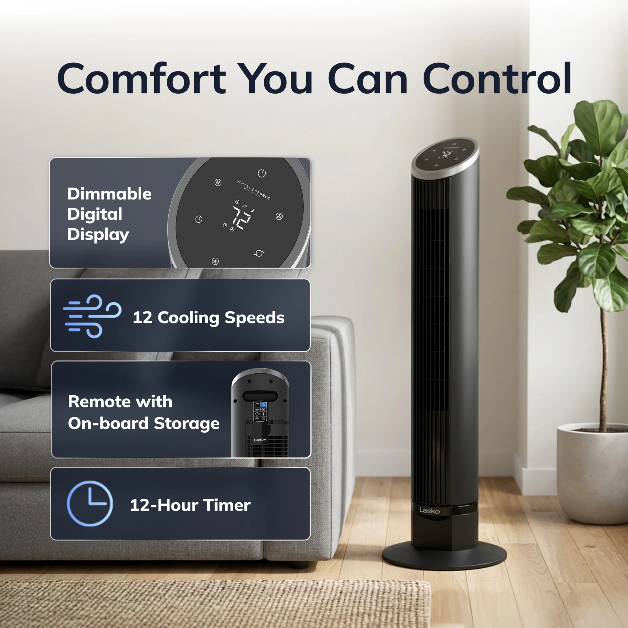 Lasko 36" DC Tower Fan: Oscillating, 12-Speed, Remote, Timer, Black - Image 6