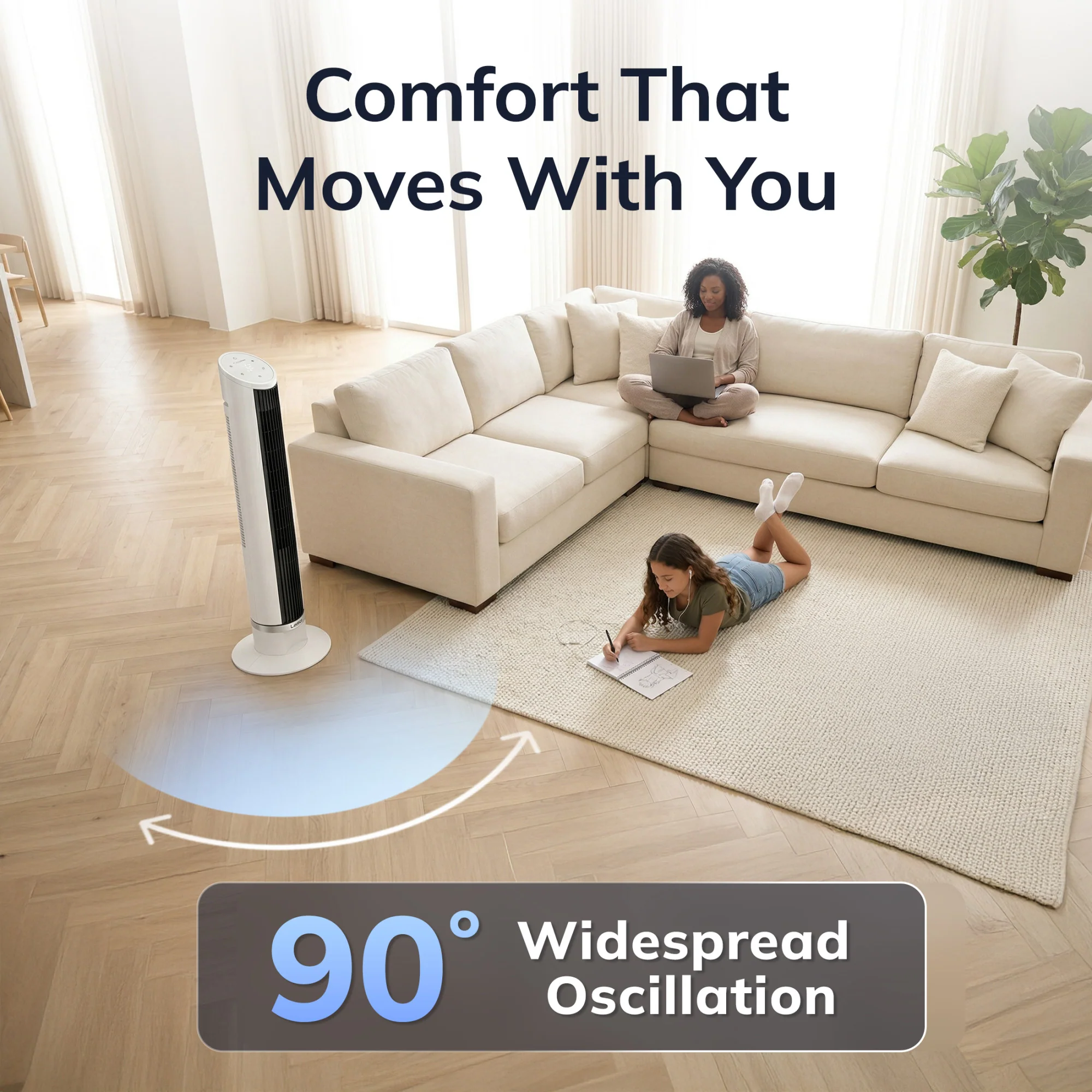 Lasko 36" DC Tower Fan: Oscillating, 12-Speed, Remote, Timer, White - Image 5