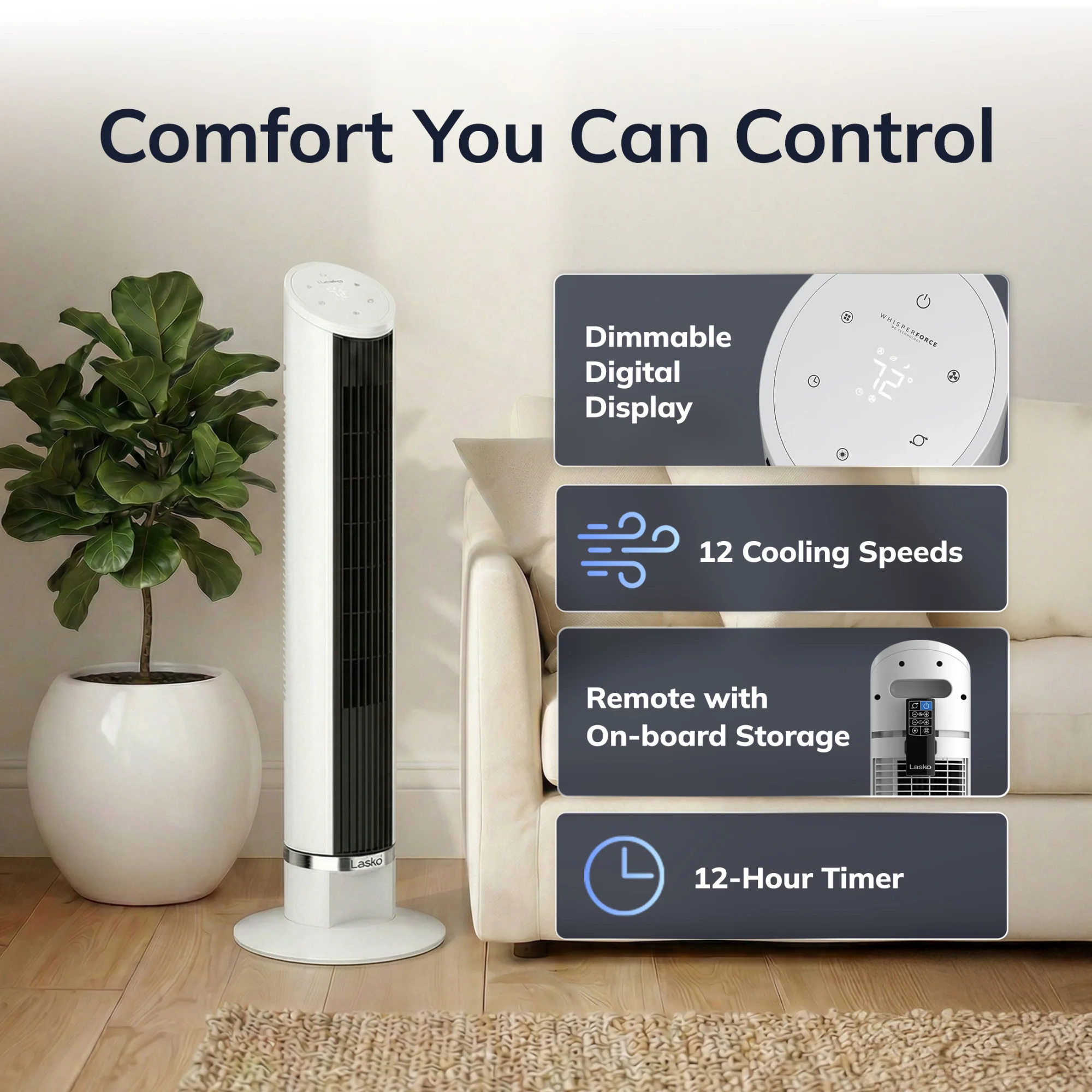 Lasko 36" DC Tower Fan: Oscillating, 12-Speed, Remote, Timer, White - Image 6