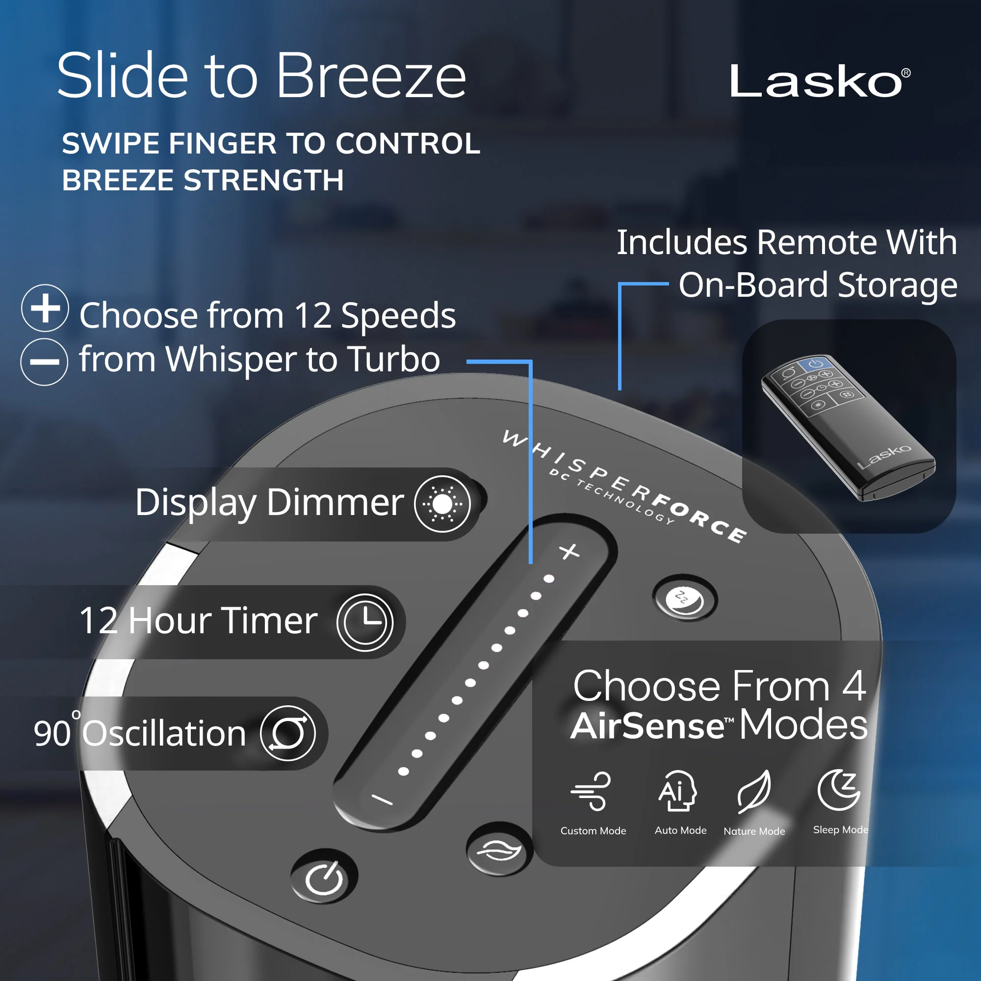 Lasko 40" DC Tower Fan: Oscillating, 12-Speed, Remote, Timer, Black - Image 9