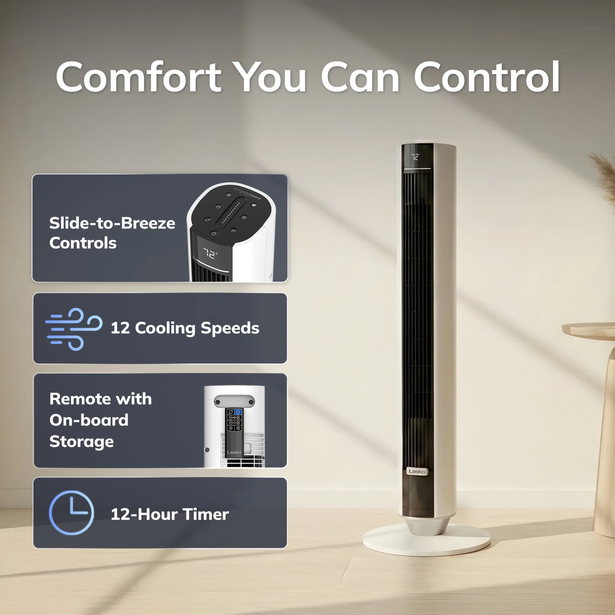 Lasko 40" DC Tower Fan: Oscillating, 12-Speed, Remote, Timer, White - Image 6