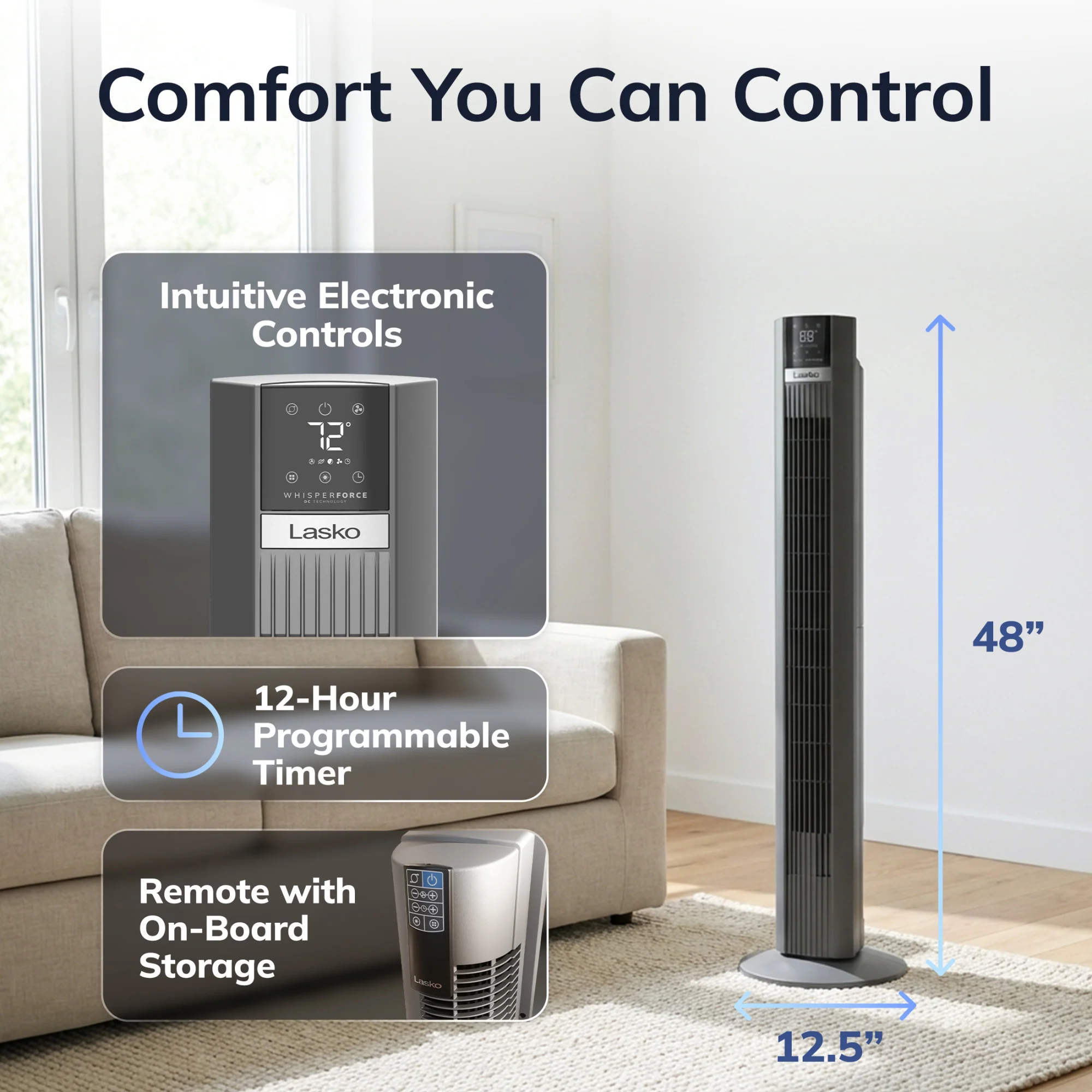 Lasko 48" DC Tower Fan: Oscillating, 12-Speed, Remote, Timer, Gray - Image 7