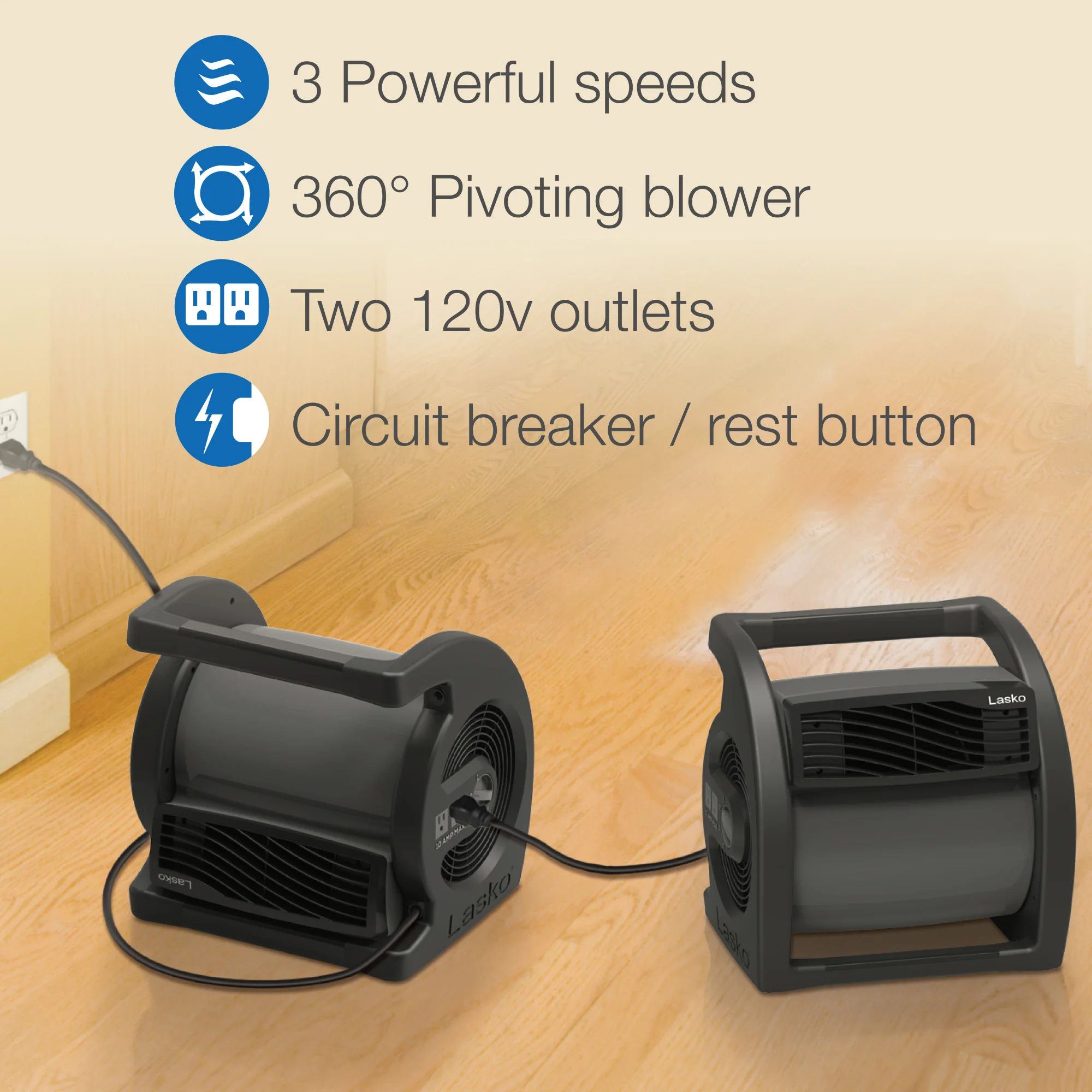 Lasko Max Performance 15" Air Mover Blower Fan: 3-Speed, High Velocity, 2 Outlets, Black - Image 4