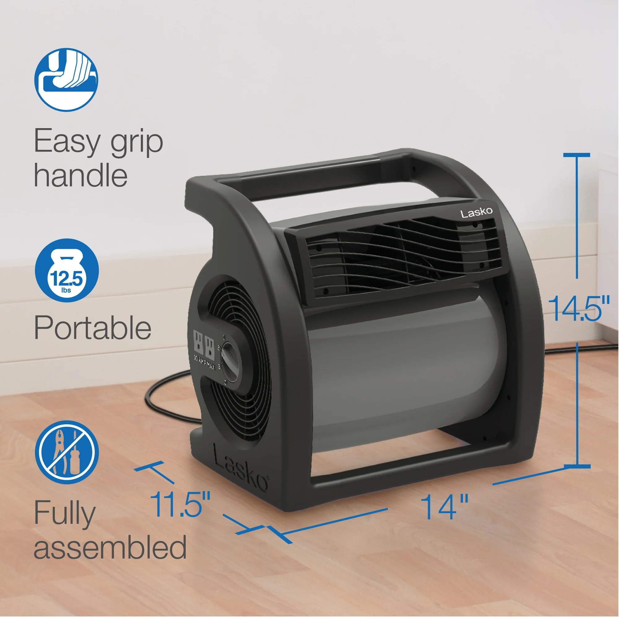 Lasko Max Performance 15" Air Mover Blower Fan: 3-Speed, High Velocity, 2 Outlets, Black - Image 6