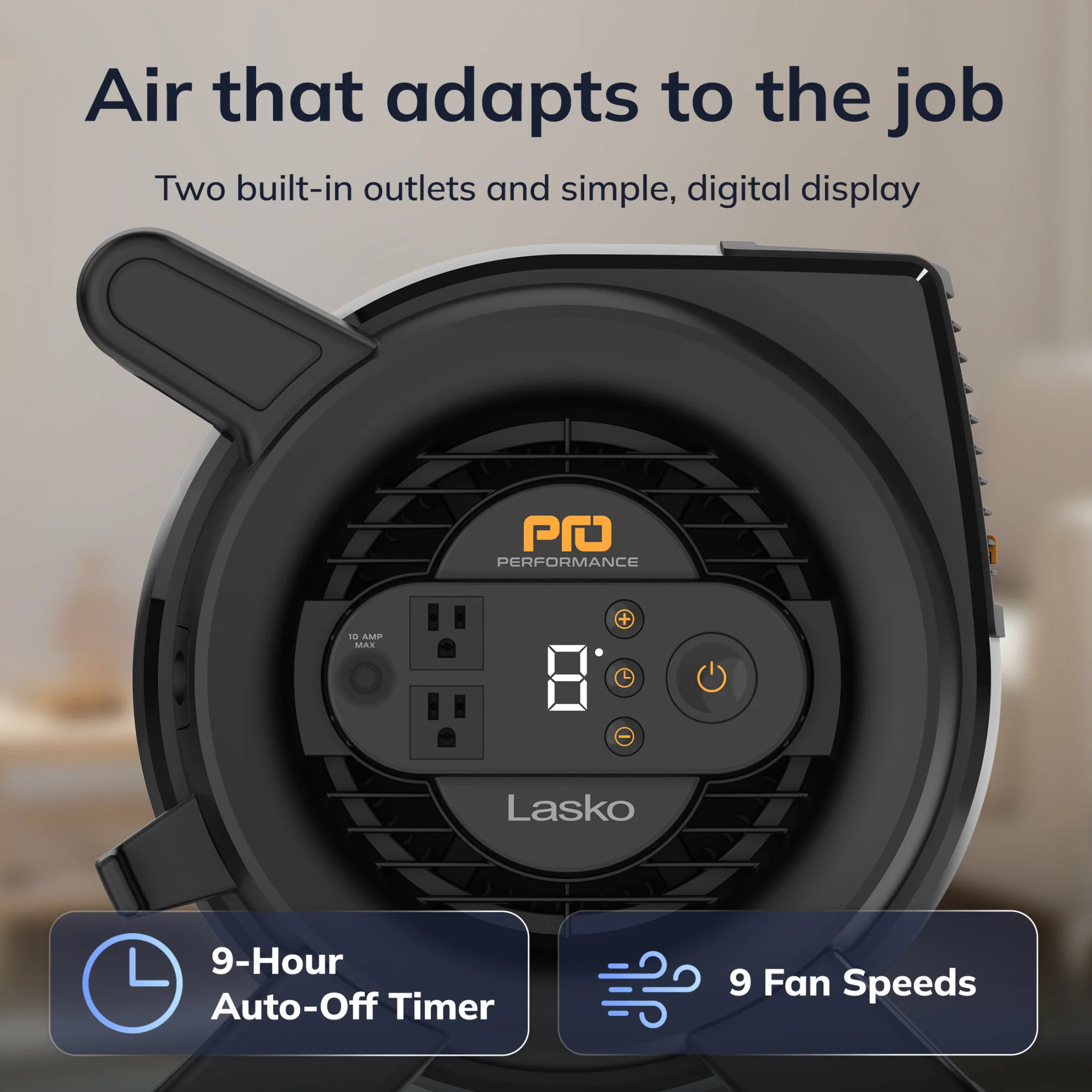 Lasko 14" DC Air Mover Blower Fan: 9-Speed, High Velocity, 2 Outlets, Pivoting, Black - Image 4