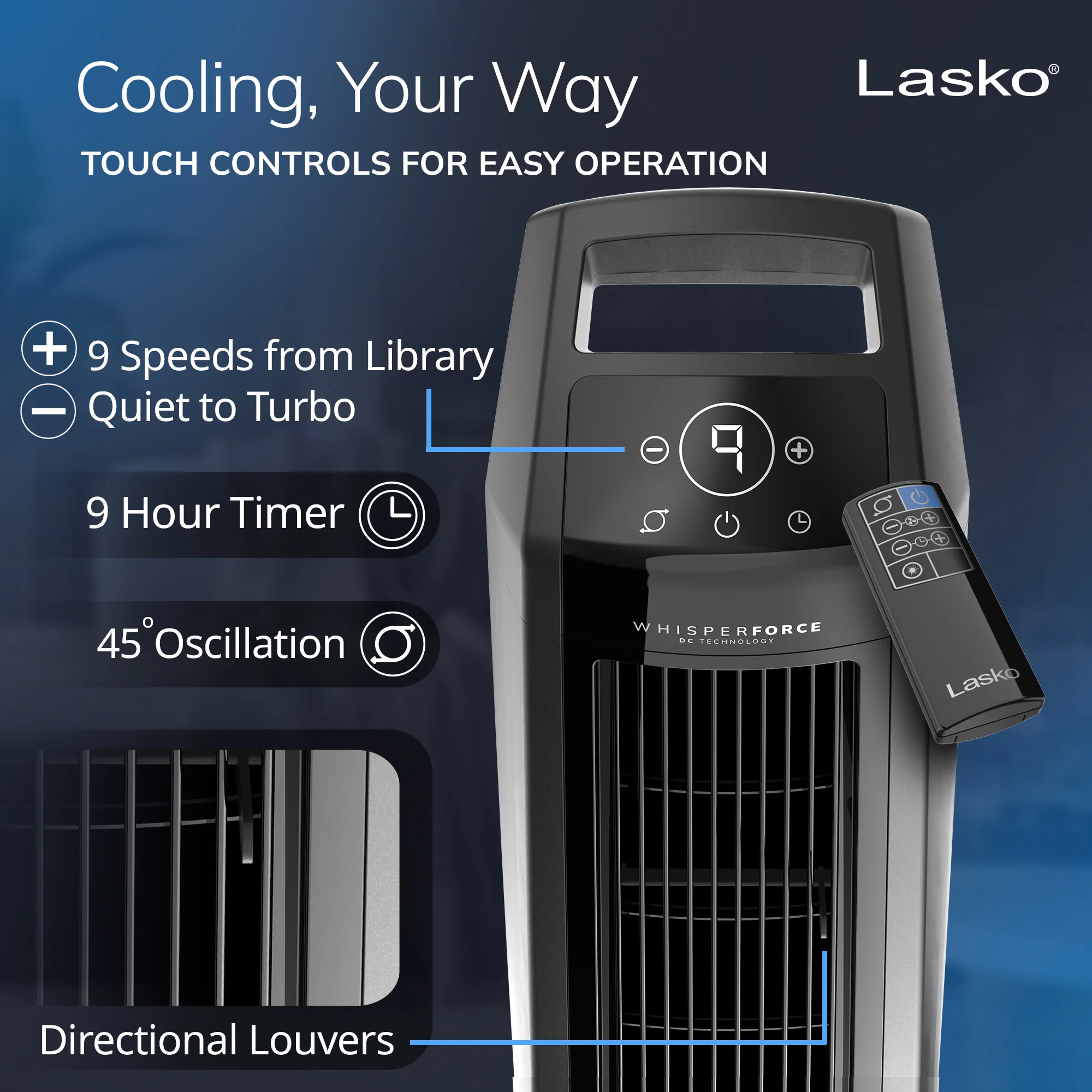 Lasko 35" DC Tower Fan: Oscillating, 9-Speed, High Velocity, Remote, Black - Image 4