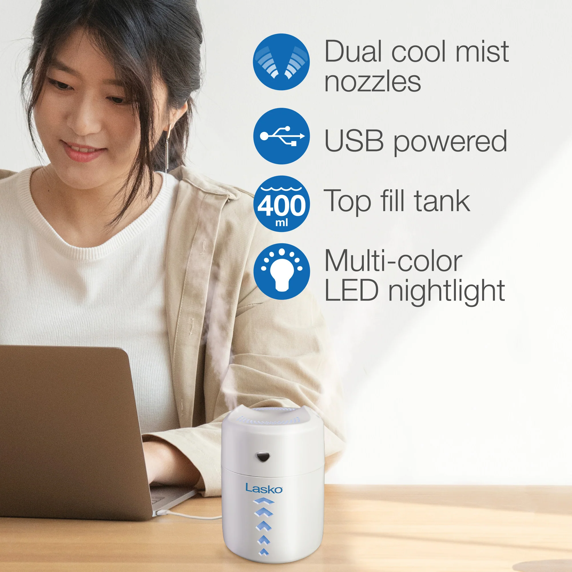 Lasko Ultrasonic Personal Cool Mist Humidifier with Nightlight, UH150, White - Image 4