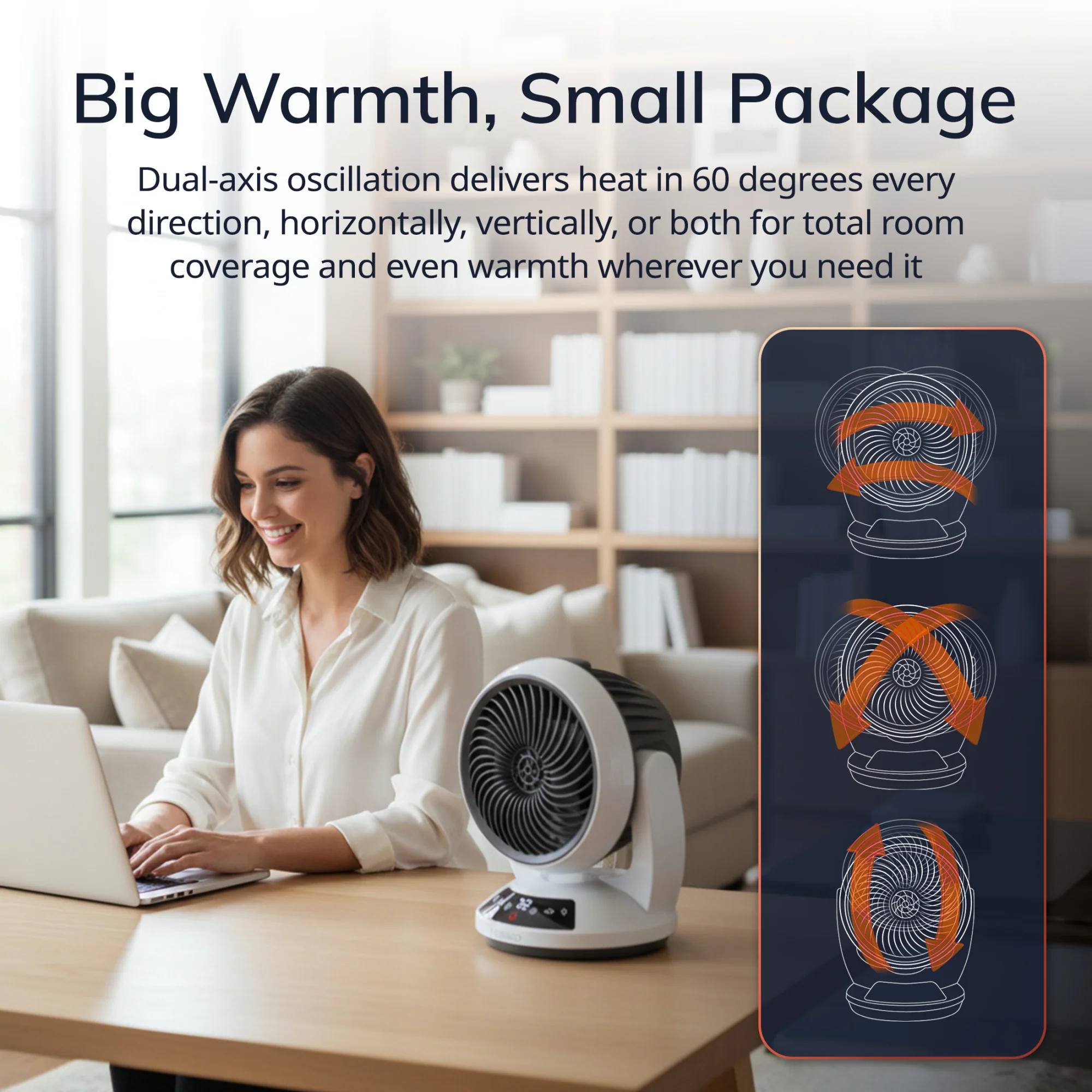 Lasko Whirlwind Heat™ Orbital Space Heater (3 heat settings, 3-speed, remote, timer. white) - Image 3