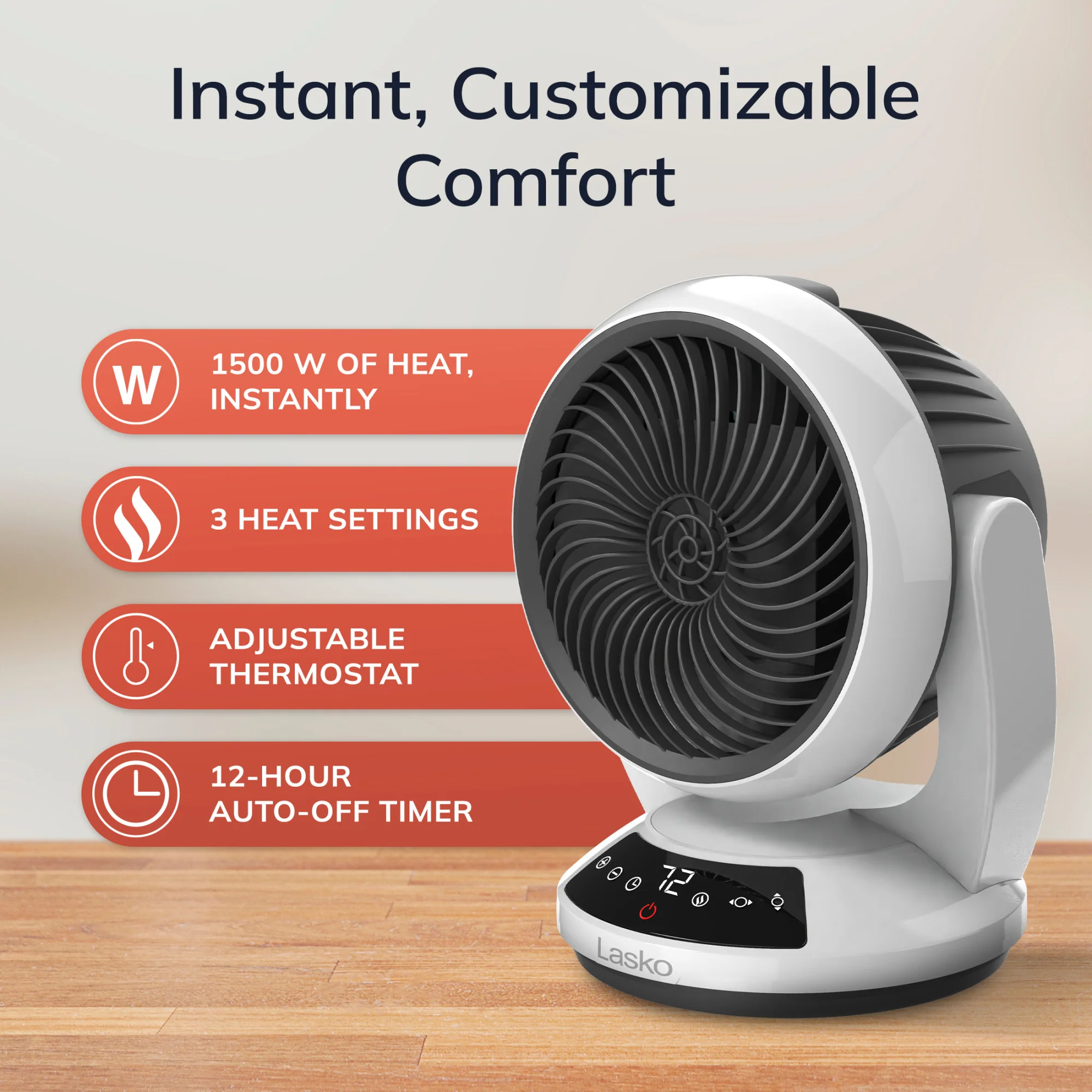 Lasko Whirlwind Heat™ Orbital Space Heater (3 heat settings, 3-speed, remote, timer. white) - Image 5