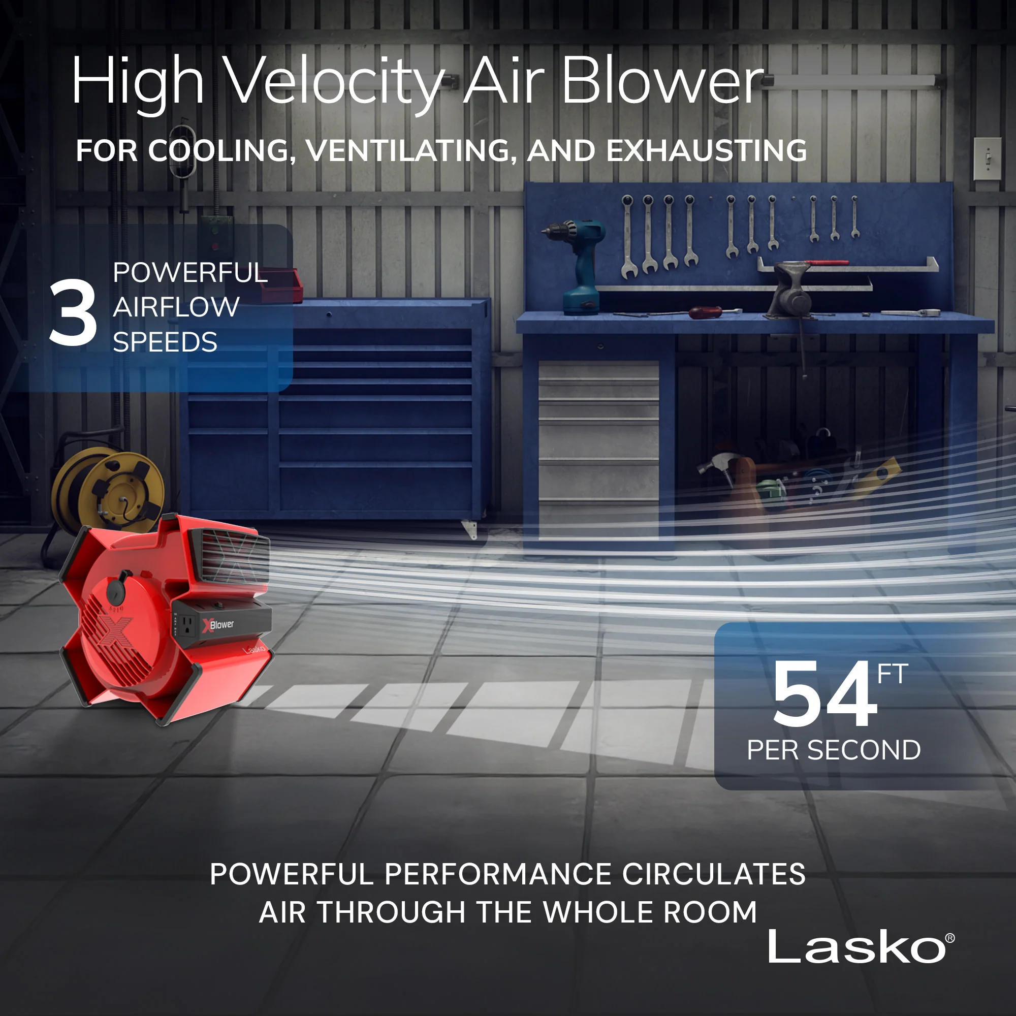 Lasko X-Blower 11" Air Mover Blower Fan: 3-Speed, High Velocity, 1 Outlet, Red - Image 3